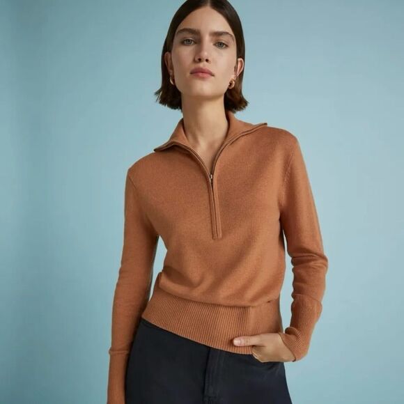 EVERLANE The Luxe Merino Half-Zip Sweater Size XS Wool Yak Tawny Brown - Picture 1 of 5